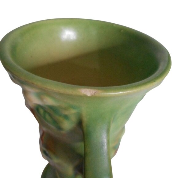 Vintage Roseville Pottery Snowberry 1940's Green Vase Art Deco Handled #1 - Picture 6 of 9